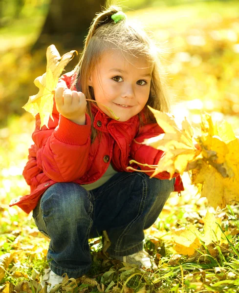 Petite fille mignonne joue avec les feuilles dans le parc — Photo