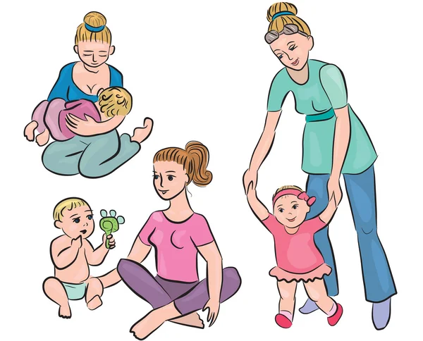 Madres y bebés en su vida diaria — Vector de stock
