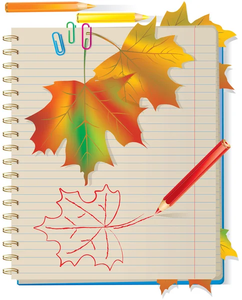 Autumn leaves in school notebook — Stock Vector