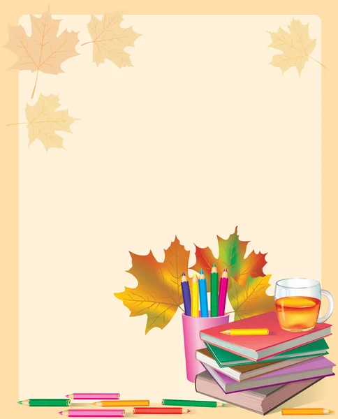 Marco de otoño con libros escolares — Vector de stock