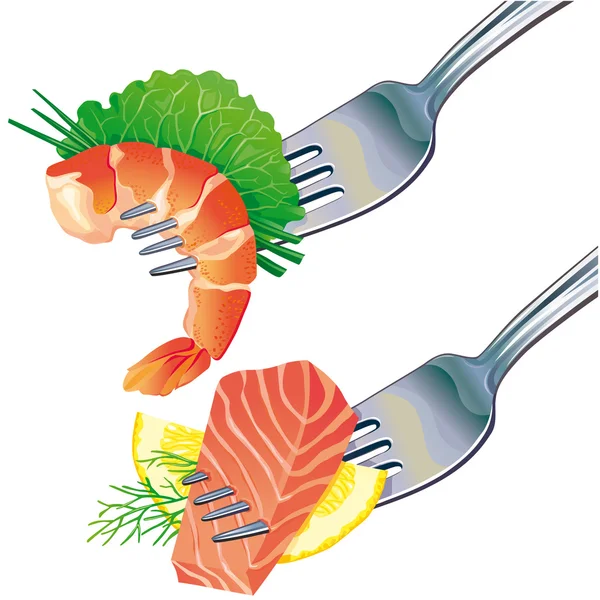Seafood on fork — Stock Vector