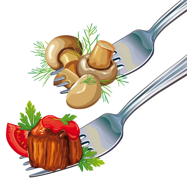 Funghi e carne alla forchetta — Vettoriale Stock
