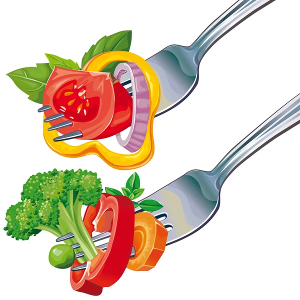 Campuran sayuran segar pada garpu - Stok Vektor