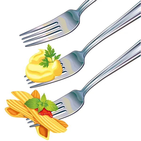 Pasta och potatismos på gaffeln — Stock vektor