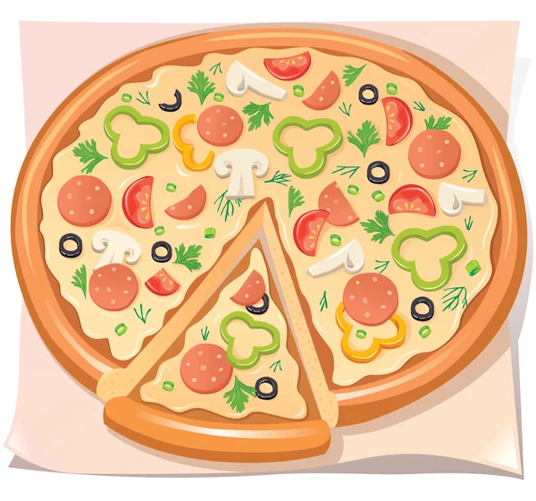 Pizza au salami, fromage et légumes — Image vectorielle