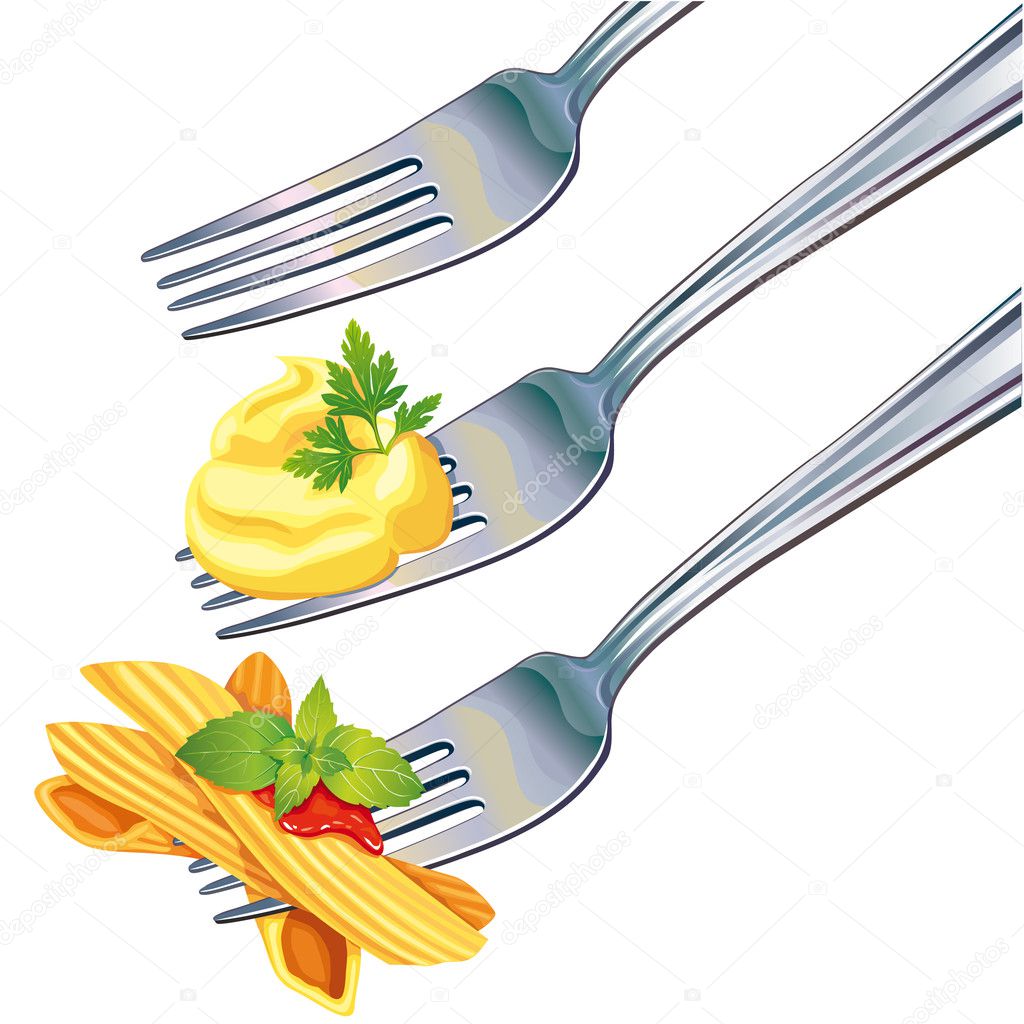 Pasta and mashed potatoes on fork