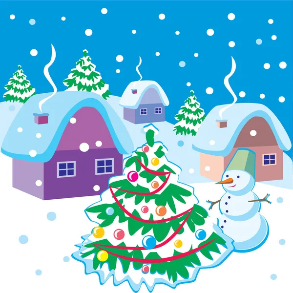 Paisaje con muñeco de nieve y árbol de Navidad — Vector de stock