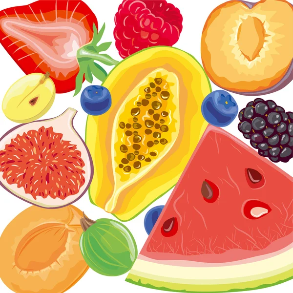 Misture bagas e frutas tropicais — Vetor de Stock
