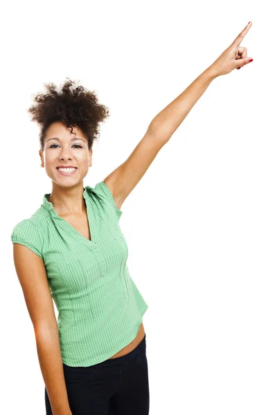 Happy woman pointing — Stock Photo, Image