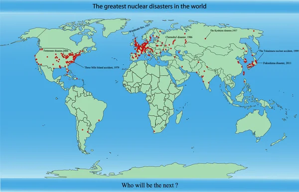 Vektor karta över de största nukleära katastroferna i världen — Stock vektor