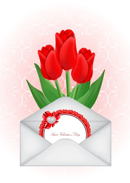 Biglietto di auguri vettoriale con bouquet di tulipani rossi — Vettoriale Stock