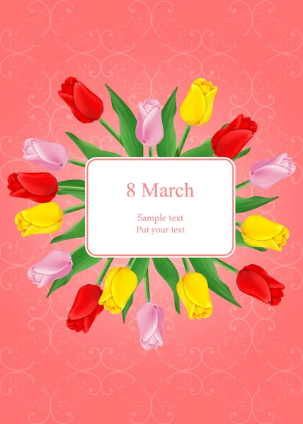 Biglietto di auguri vettoriale con bouquet di tulipani — Vettoriale Stock