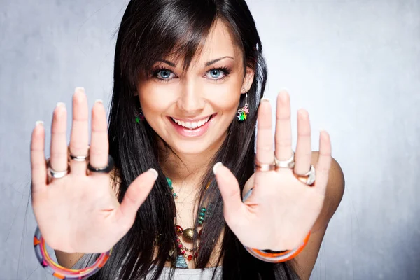 Smiling girl show stop with hands — Stock Photo, Image