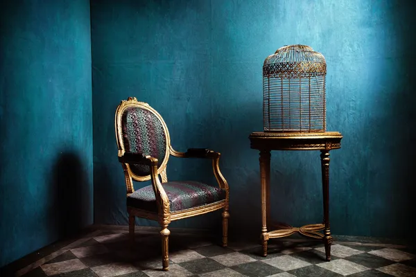 Стол Луи, кресло и старая золотая клетка для птиц — стоковое фото