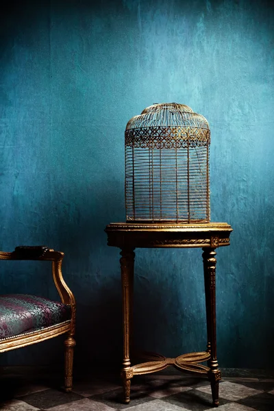 Стол Луи и старая золотая клетка для птиц — стоковое фото