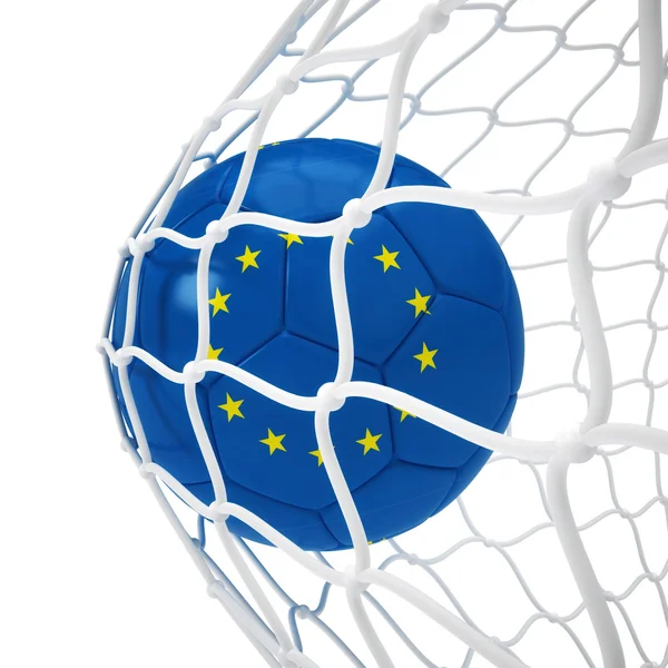 European soccer ball inside the net — Stock Photo, Image