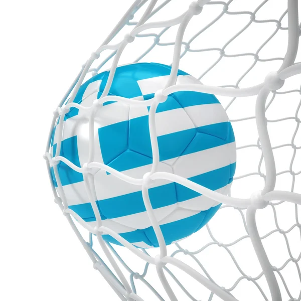 Grecian soccer ball inside the net — Stock Photo, Image