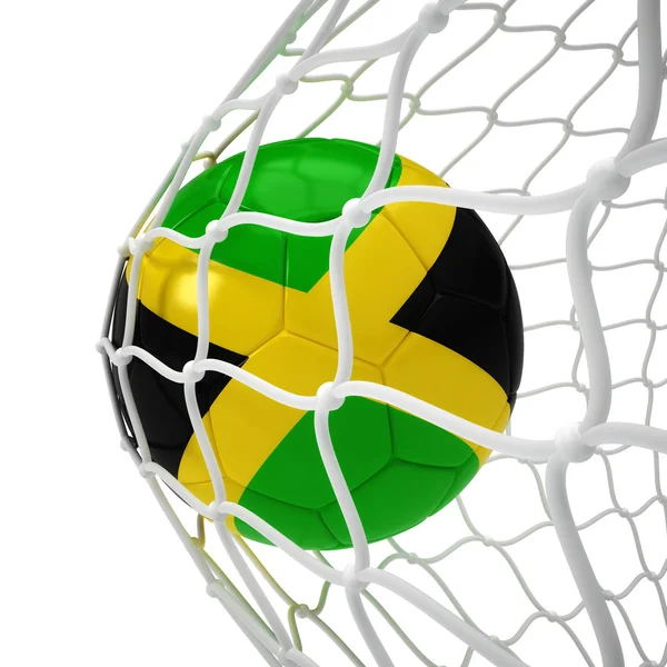 Jamaican soccer ball inside the net