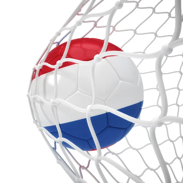 Netherlandish soccer ball inside the net — Stock Photo, Image