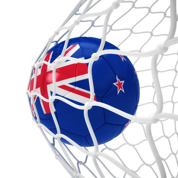 Nueva pelota de fútbol Zelandés dentro de la red —  Fotos de Stock
