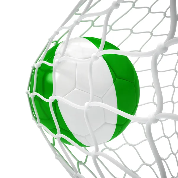 Nigerian soccer ball inside the net — Stock Photo, Image