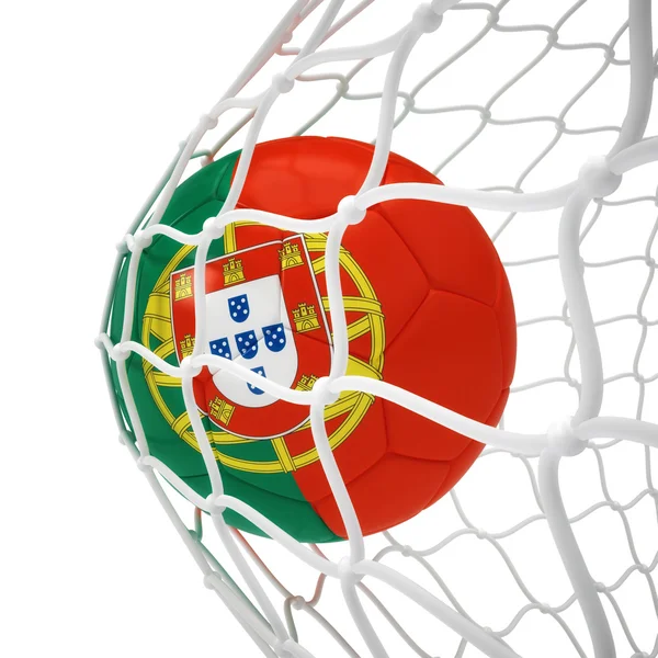 Portuguese soccer ball inside the net — Stock Photo, Image