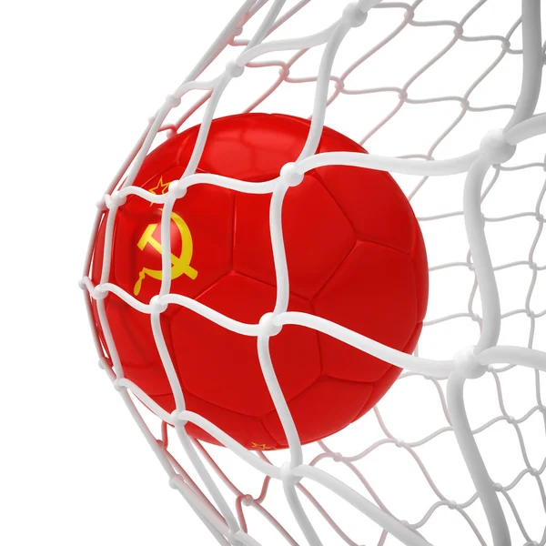 Soviet soccer ball inside the net — Stock Photo, Image