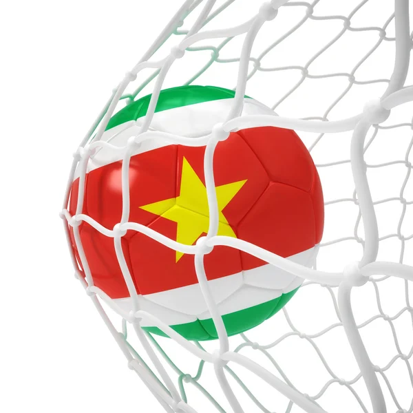 Balón de fútbol surinamés dentro de la red — Foto de Stock
