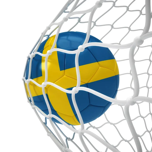 Pelota de fútbol sueca dentro de la red —  Fotos de Stock