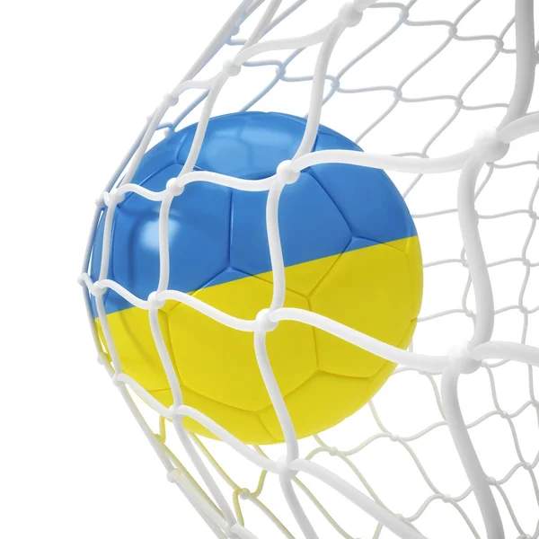 Ukrainian soccer ball inside the net — Stock Photo, Image