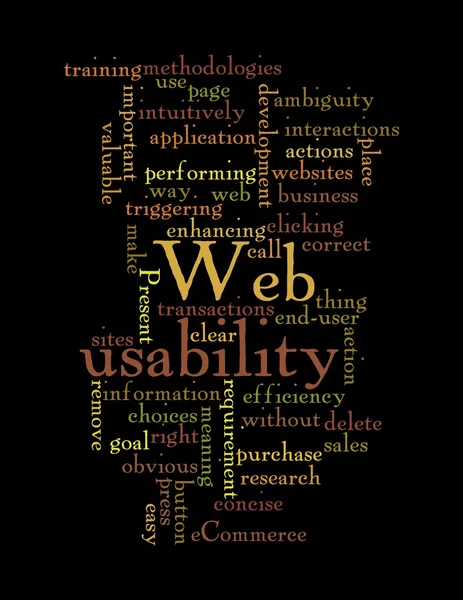 Web usability word cloud isolerad på svart bakgrund. — Stockfoto