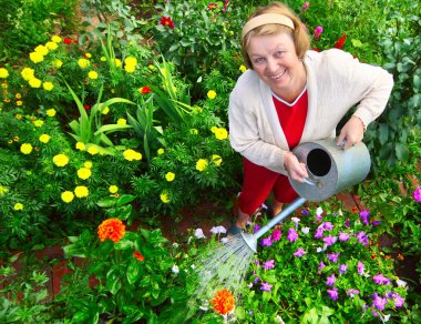 Woman watering her garden clipart