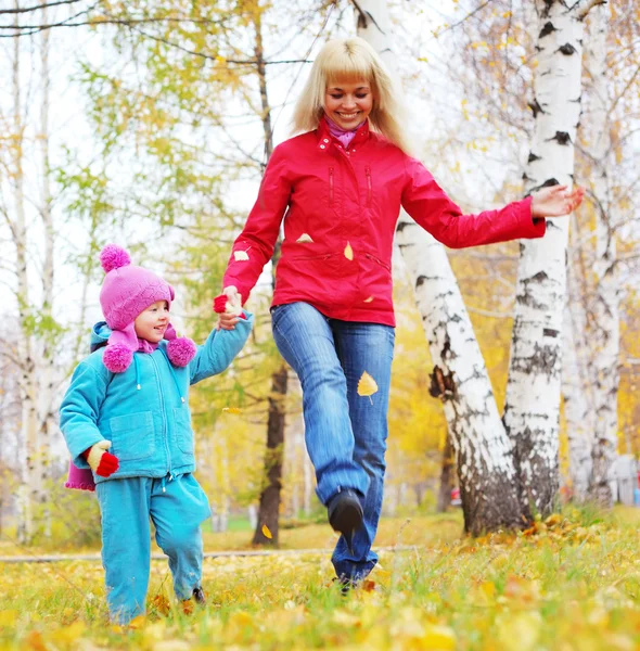 Glad ung mamma och hennes lilla dotter går i en park på hösten — Stockfoto