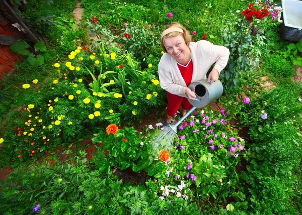 Жінка поливає свій сад — стокове фото