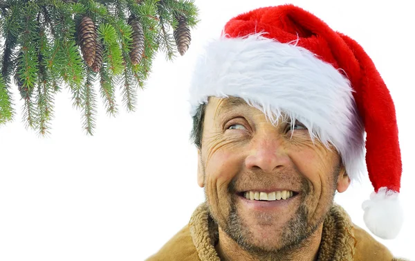 微笑的男人，留着胡子的圣诞老人的帽子 — 图库照片