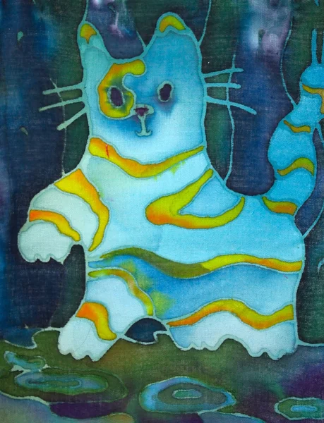 El yapımı Tekstil üzerinde çizim. mavi soyut kedi — Stok fotoğraf