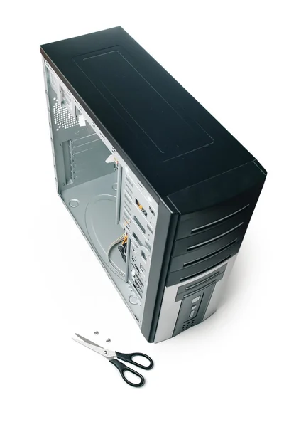 Opened computer case with screws — Stock Photo, Image