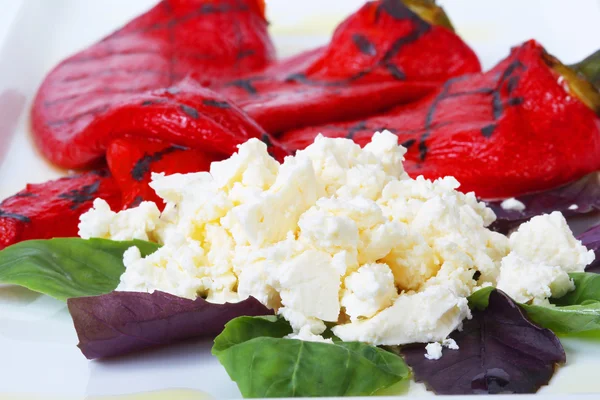 Ein Gericht Milchkäse und gebackene rote Paprika mit Kräutern — Stockfoto