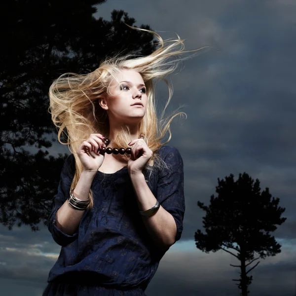 妖精の森林で壮大な髪のロマンチックな女性の肖像画 — ストック写真