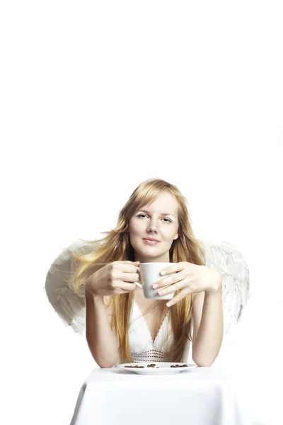 Snídaně krásná blondýnka. Angel káva a croiss — Stock fotografie