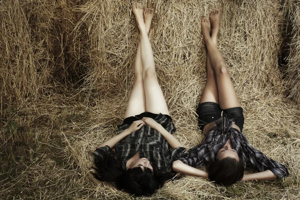 stock image Two friends have a rest lying in a haystack