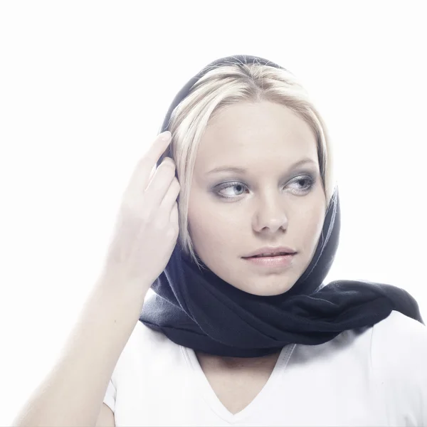 Portrait of the charming blondy woman on silk black scarf on whi — Stock Photo, Image
