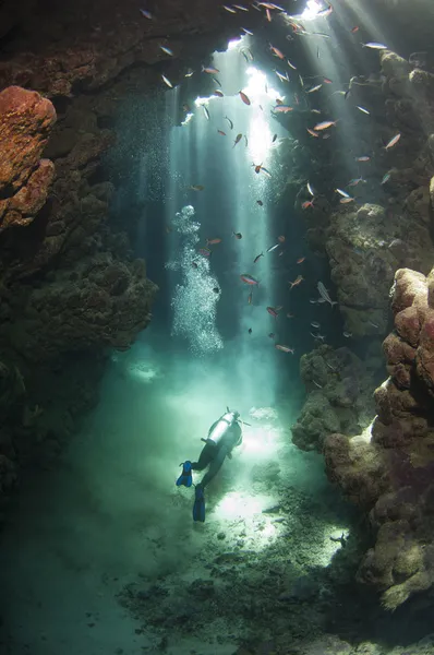 Дайвер в подводной пещере — стоковое фото
