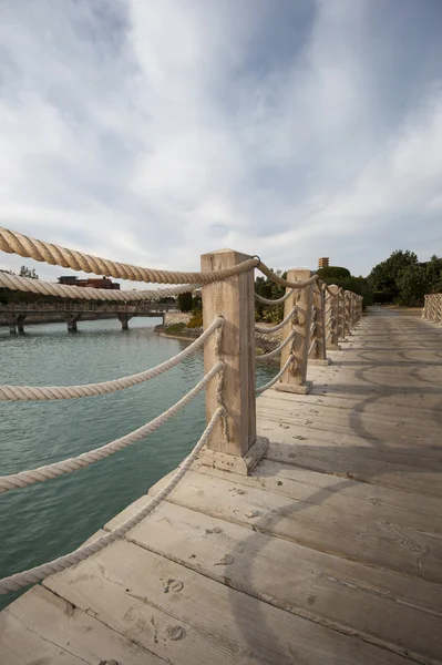 Ponte di legno con corde sull'acqua — Foto Stock