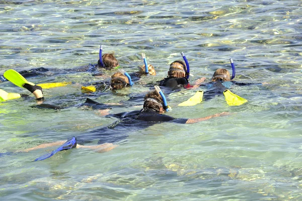Family snorkeling in a tropical lagoon — Stock Photo, Image