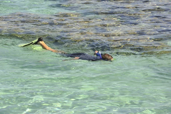 Jovem criança snorkeling em uma lagoa tropical — Fotografia de Stock