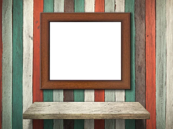 Quadro de imagem na parede de madeira velha e prateleira — Fotografia de Stock