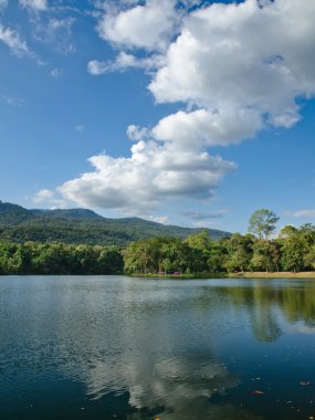 Mavi gökyüzü ve parlak beyaz bulutlar Reservoir