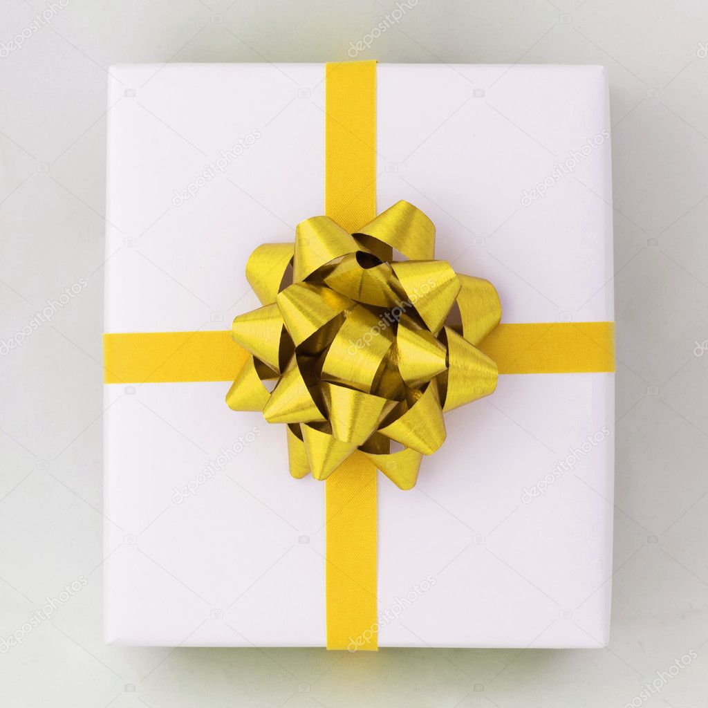 Gold star and Cross line ribbon on White paper box