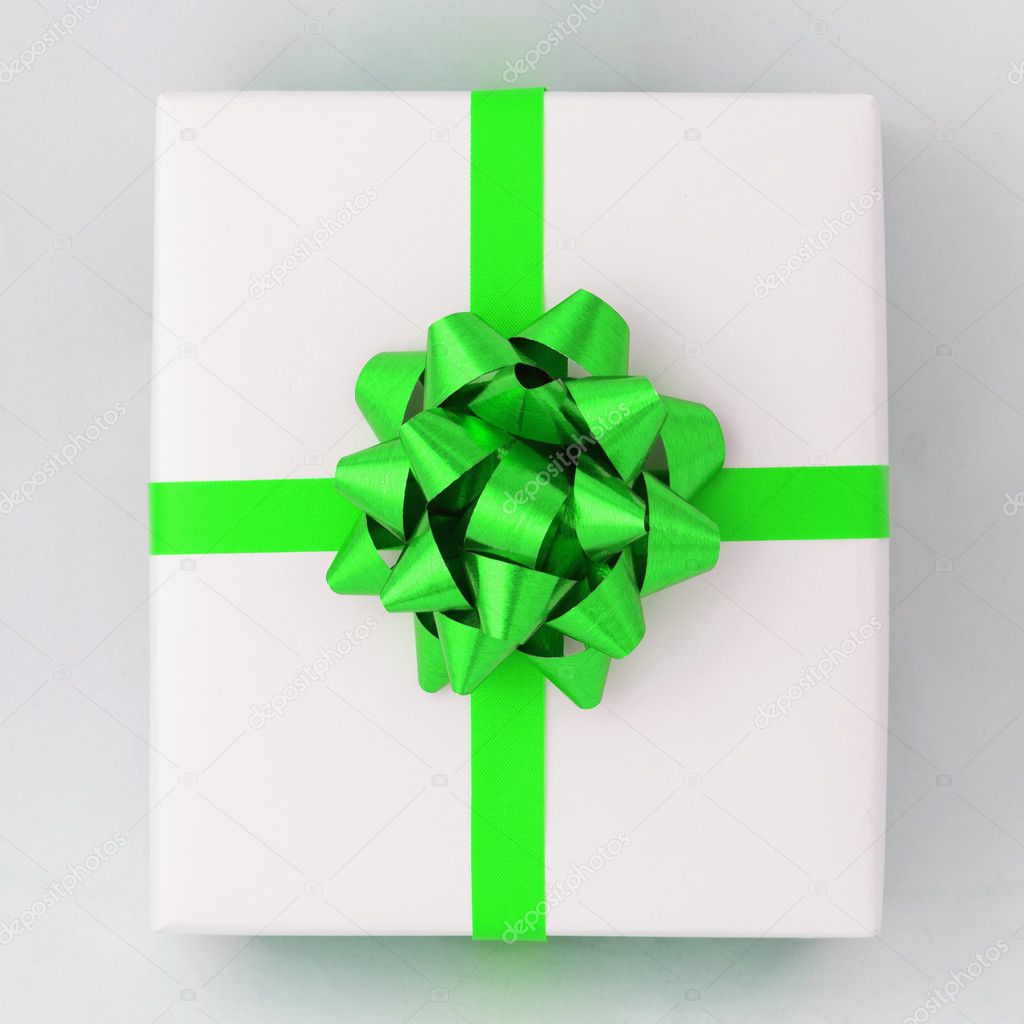 Green star and Cross line ribbon on White paper box